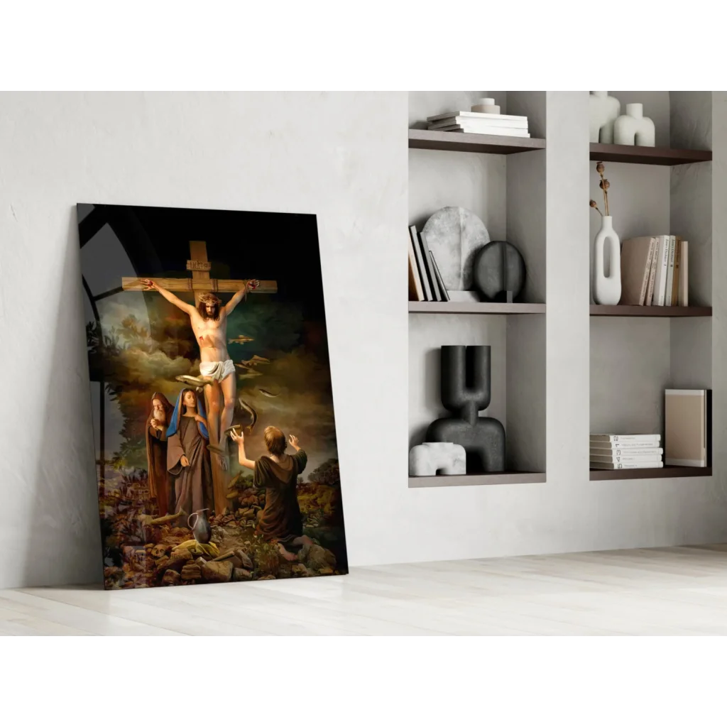 Framed Crucifixion of Jesus glass wall art in earth tones