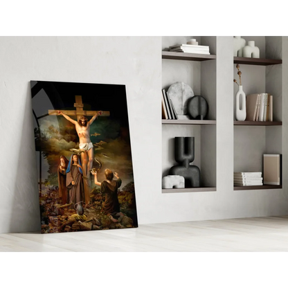 Framed Crucifixion of Jesus glass wall art in earth tones
