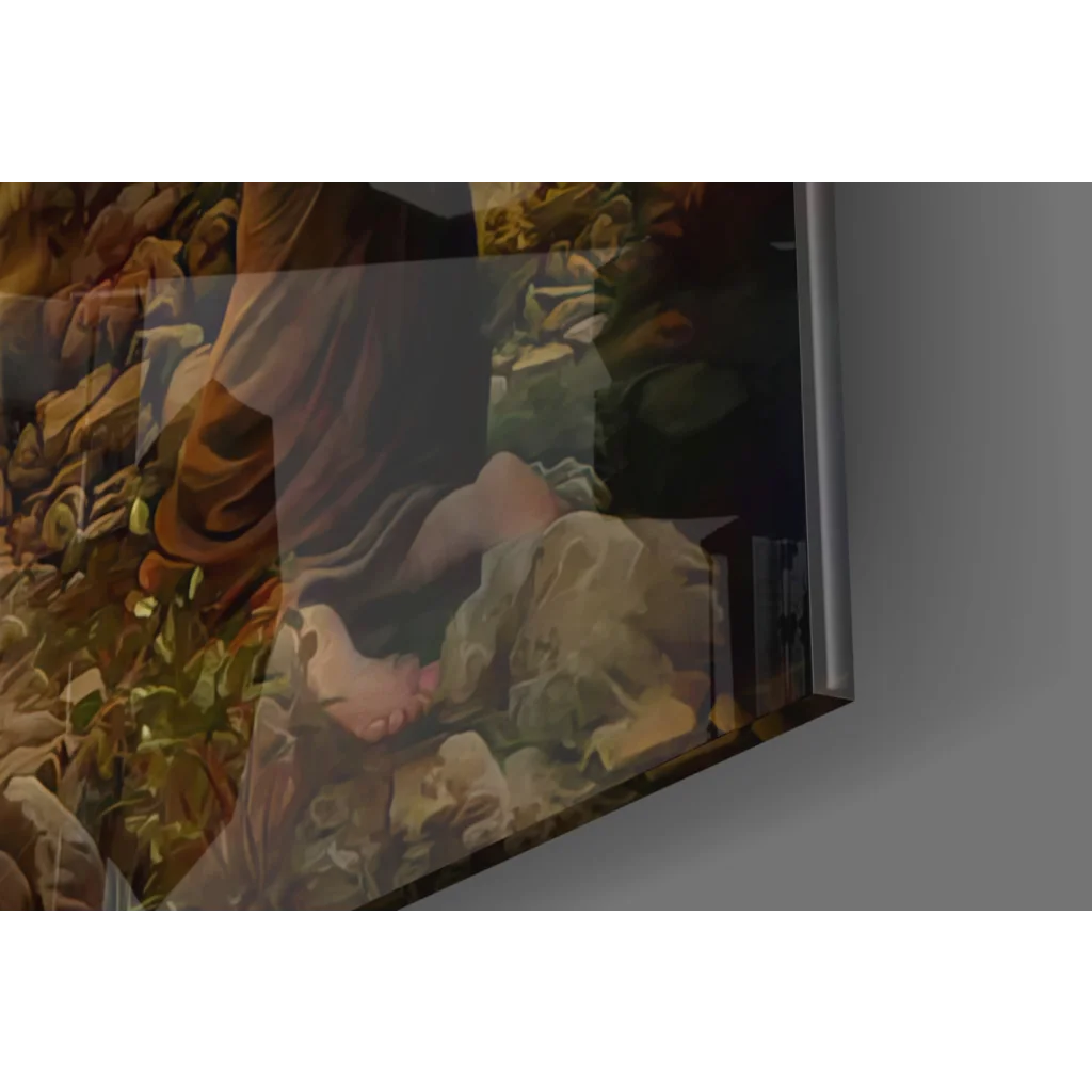 Framed Crucifixion glass wall art with dramatic religious painting in silver metallic frame