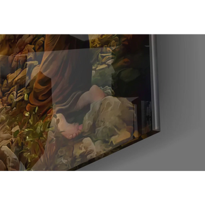 Framed Crucifixion glass wall art with dramatic religious painting in silver metallic frame