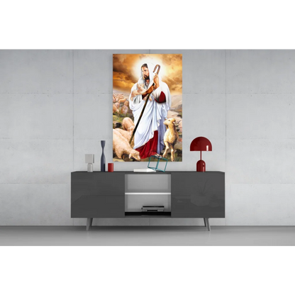 Jesus the Good Shepherd canvas wall art with bearded figure and sheep