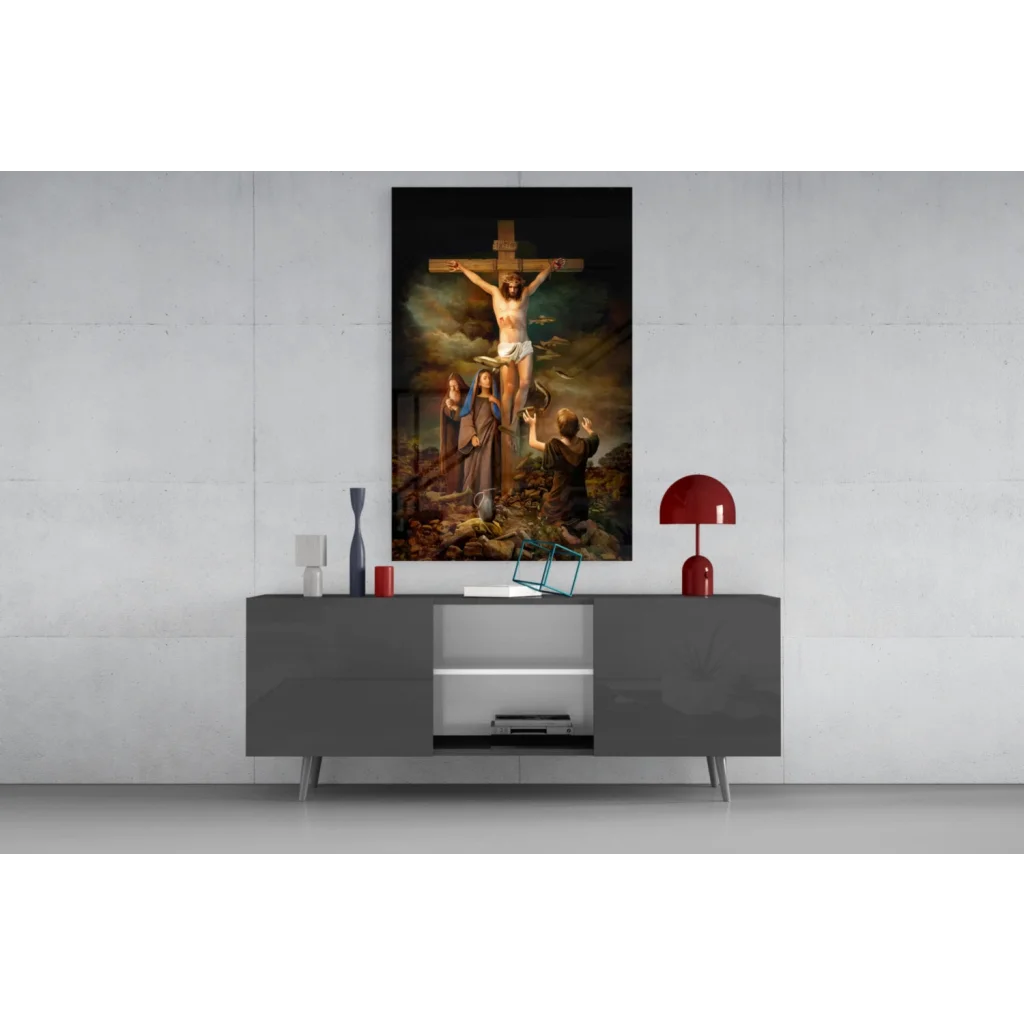Dramatic crucifixion of Jesus Christ on glass wall art