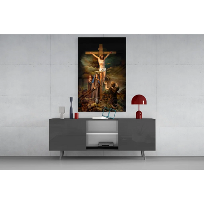 Dramatic crucifixion of Jesus Christ on glass wall art