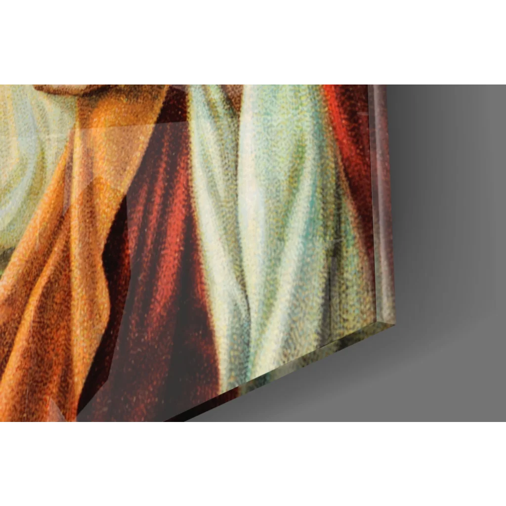 Vibrant Sacred Heart Jesus glass wall art with flowing robes and golden halo