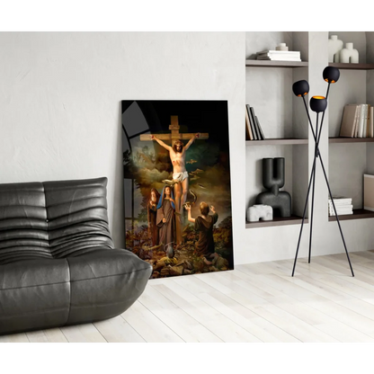 Dramatic crucifixion of Jesus glass wall art in framed religious painting