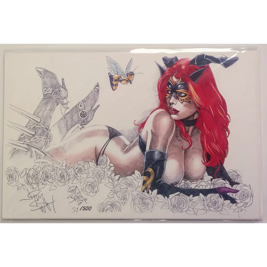 Red-haired witch in black mask and gloves on roses background, Jim Balent art print Tarot Witch Garden 2009