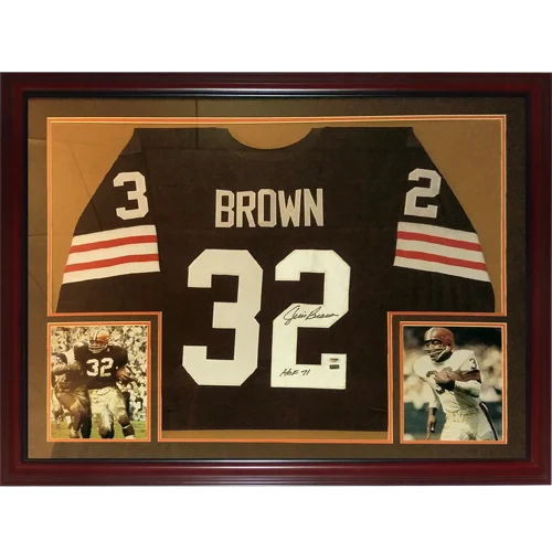 Jim Brown autographed Cleveland Browns deluxe framed jersey, #32 Brown back