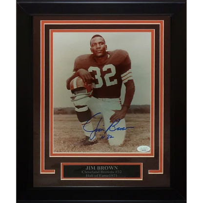 Framed 8x10 photo of Jim Brown in Cleveland Browns uniform, signed JSA
