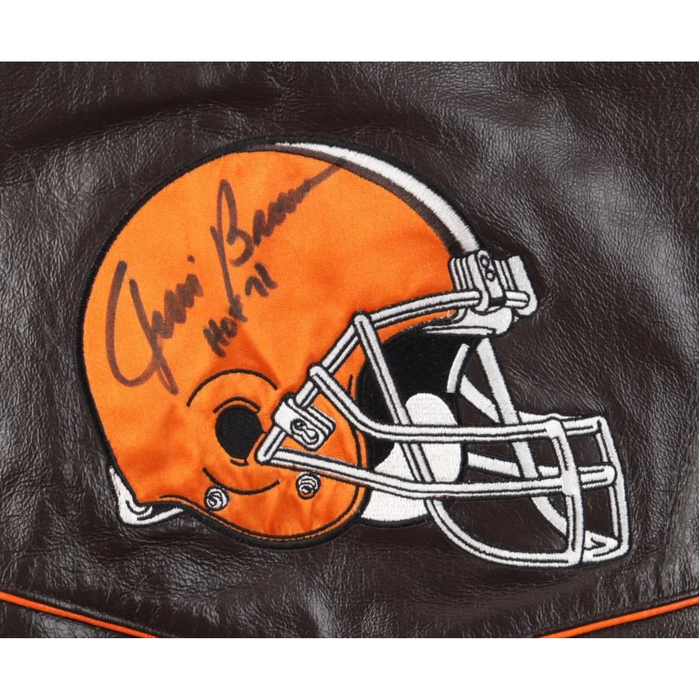 Jim Brown signed Cleveland Browns helmet patch on leather jacket with JSA COA