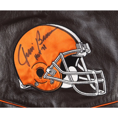 Jim Brown signed Cleveland Browns helmet patch on leather jacket with JSA COA