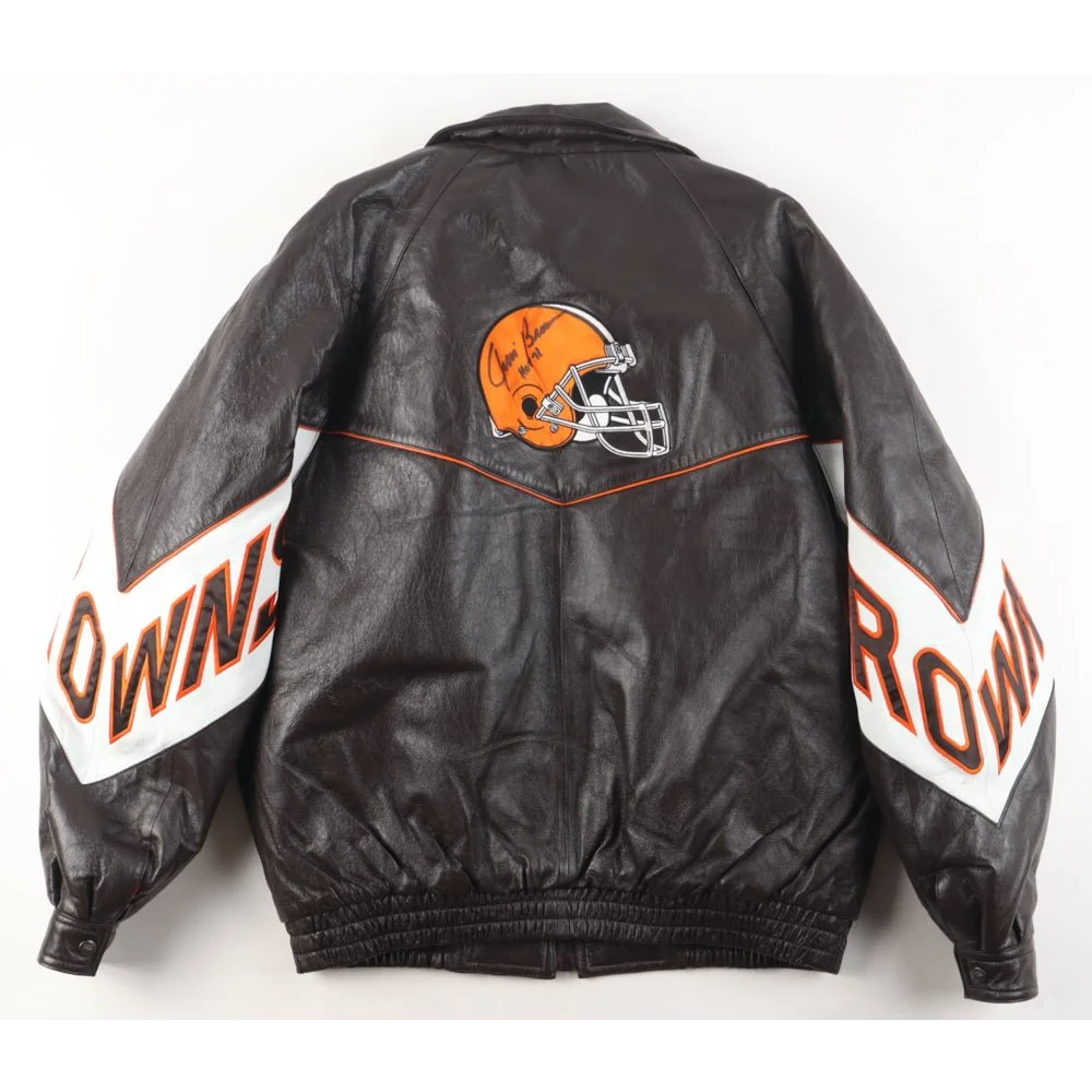 Jim Brown signed Cleveland Browns leather jacket with orange helmet logo and JSA COA