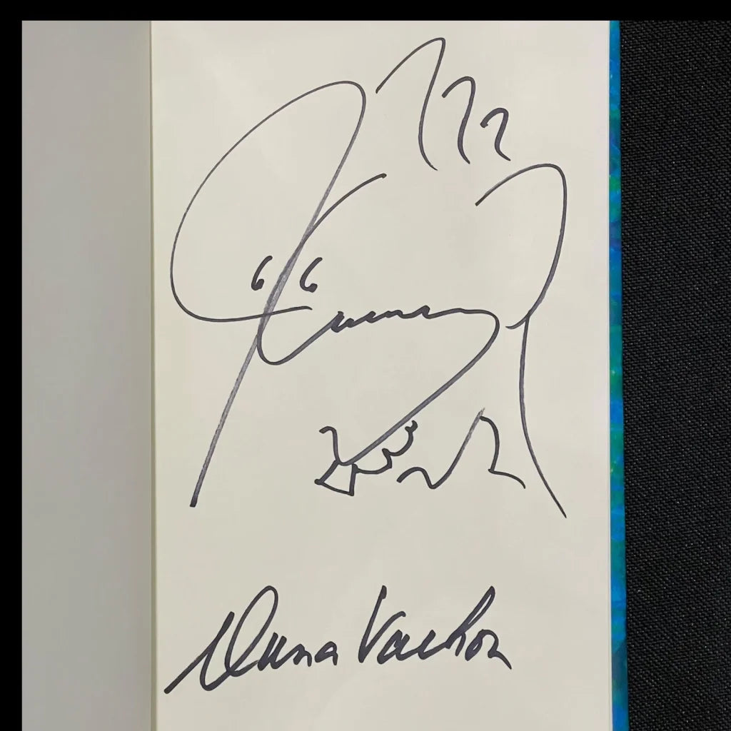 Jim Carrey signed book page with Emma Watson signature, Dana Vochon special drawing