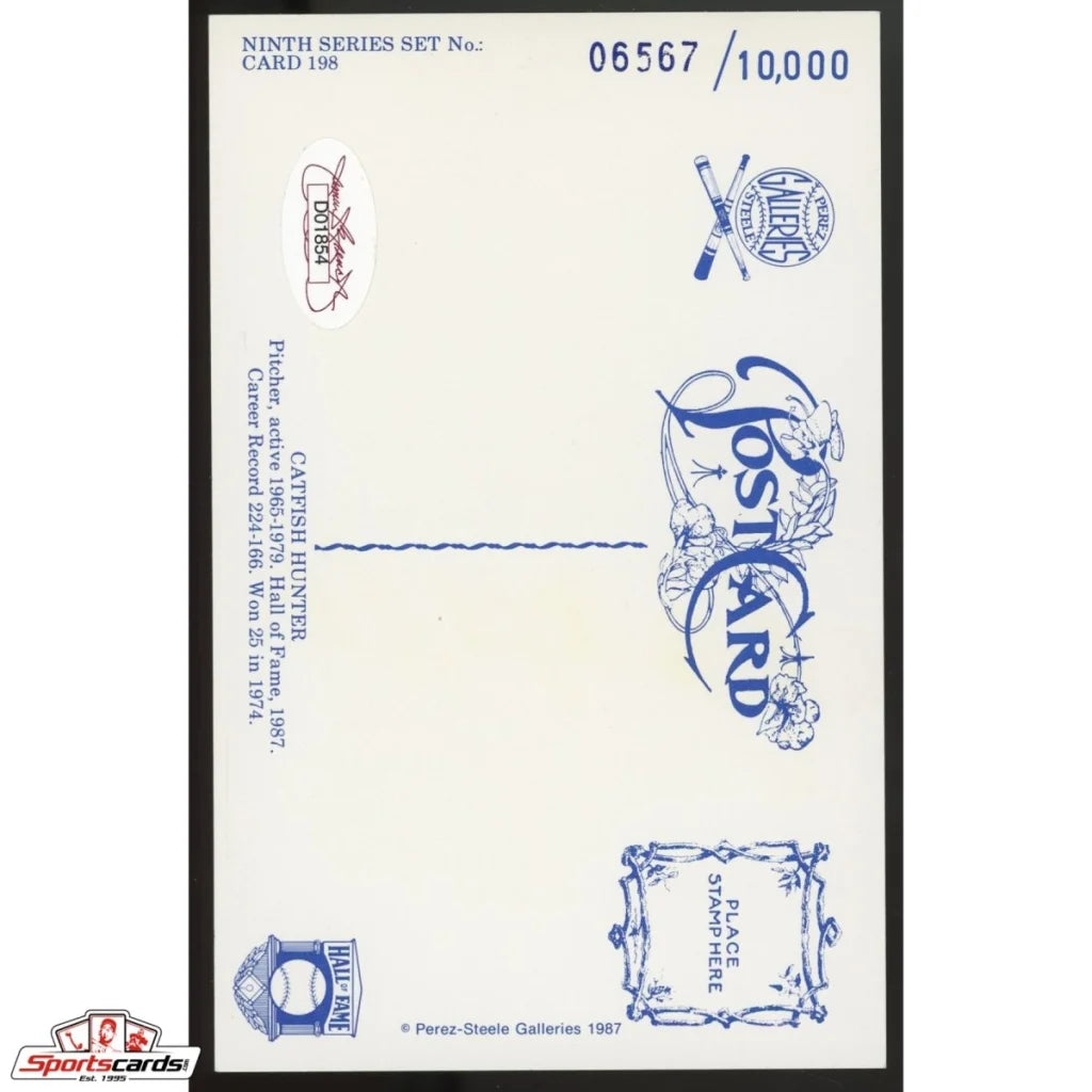 Jim Catfish Hunter signed Oakland Athletics baseball card on blue postcard