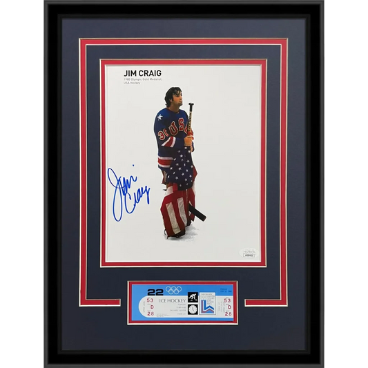 Jim Craig autographed 1980 USA hockey deluxe framed 8x10 photo with replica Olympics ticket