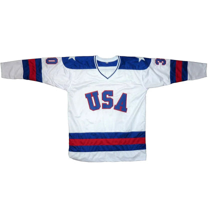 Jim Craig autographed USA hockey jersey number 30 with white base, red blue accents, star sleeve
