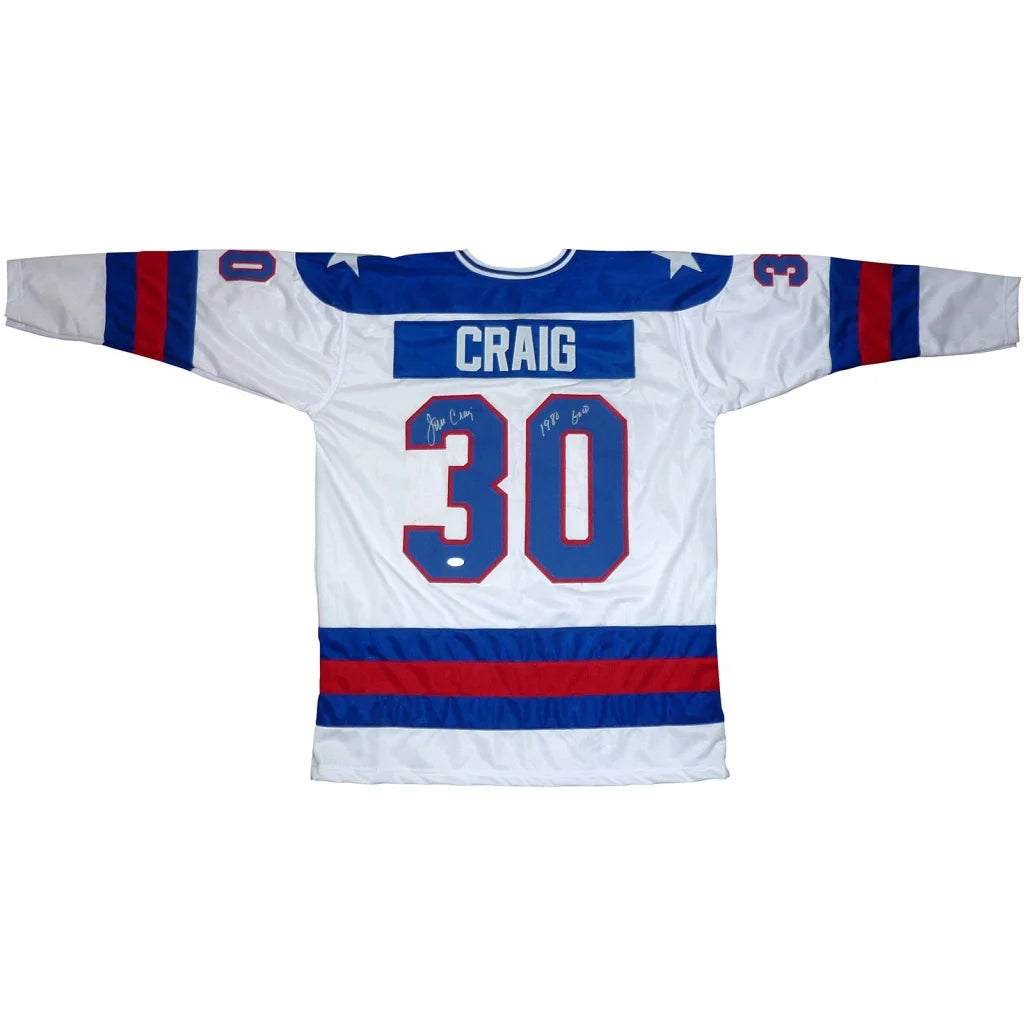 Jim Craig autographed USA hockey jersey with blue red stripes number 30