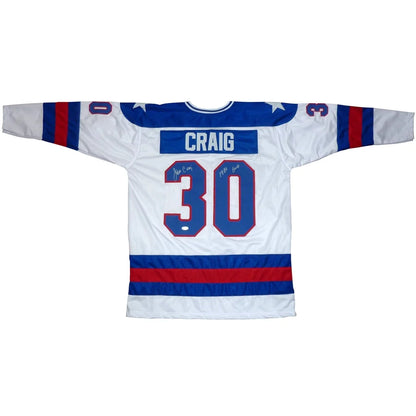 Jim Craig autographed USA hockey jersey with blue red stripes number 30