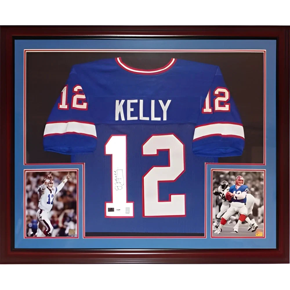 Autographed Buffalo Bills Jim Kelly deluxe framed jersey, blue #12 with Kelly name