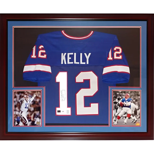 Autographed Buffalo Bills Jim Kelly deluxe framed jersey, blue #12 with Kelly name