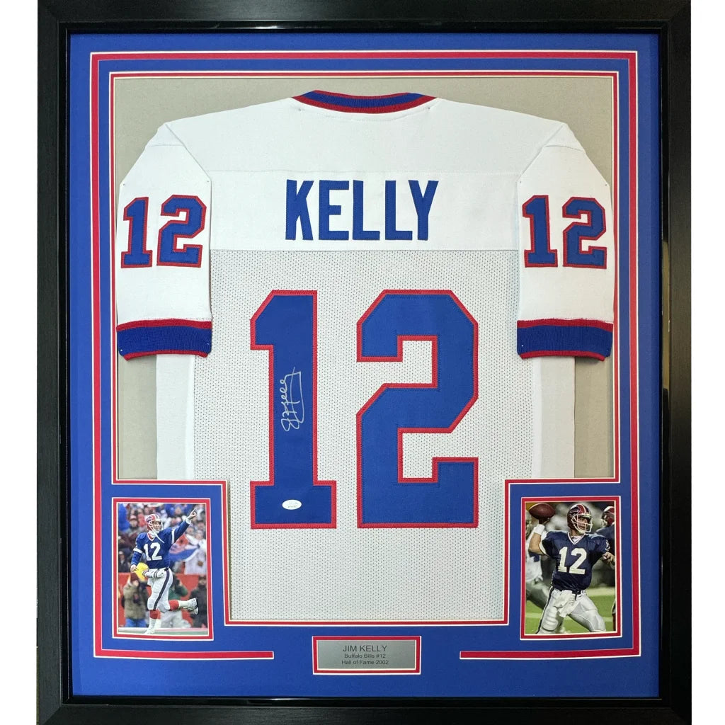 Framed Jim Kelly Signed Buffalo Bills Jersey with Photos and Plaque ready to hang