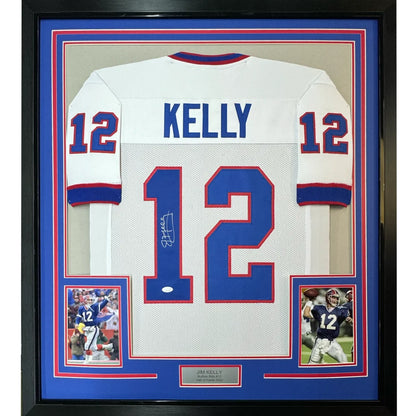 Framed Jim Kelly Signed Buffalo Bills Jersey with Photos and Plaque ready to hang
