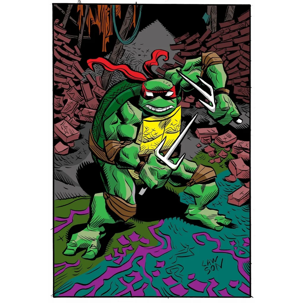 Jim Lawson Turtle comic cover featuring a green ninja turtle with a red mask and two sai