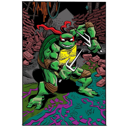 Jim Lawson Turtle comic cover featuring a green ninja turtle with a red mask and two sai