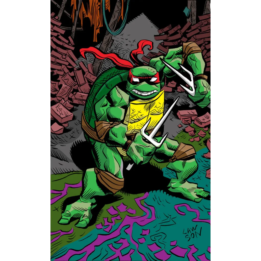 Jim Lawson Turtle comic cover featuring a green ninja turtle with red mask and sai