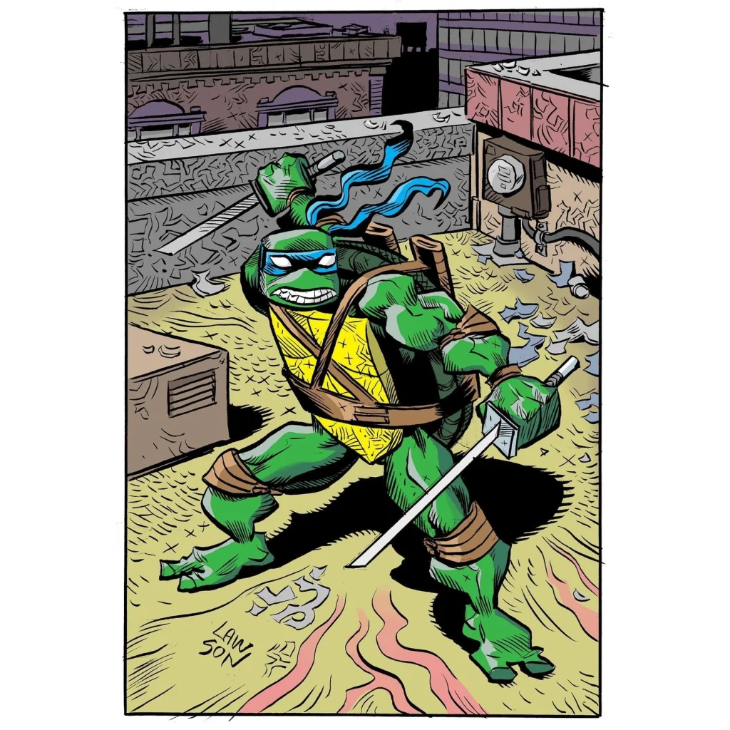 Green Jim Lawson TMNT turtle with katanas wearing blue mask and yellow chest plate