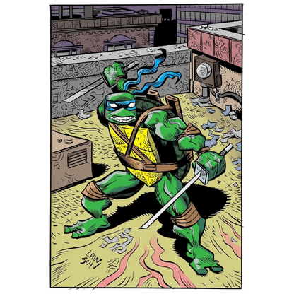 Green Jim Lawson TMNT turtle with katanas wearing blue mask and yellow chest plate