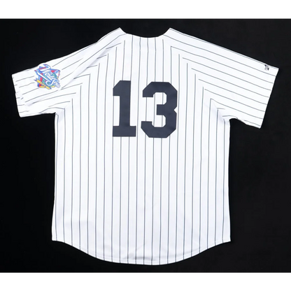 White Jim Leyritz Yankees jersey with 13, colorful patch, 20th century home run autographed