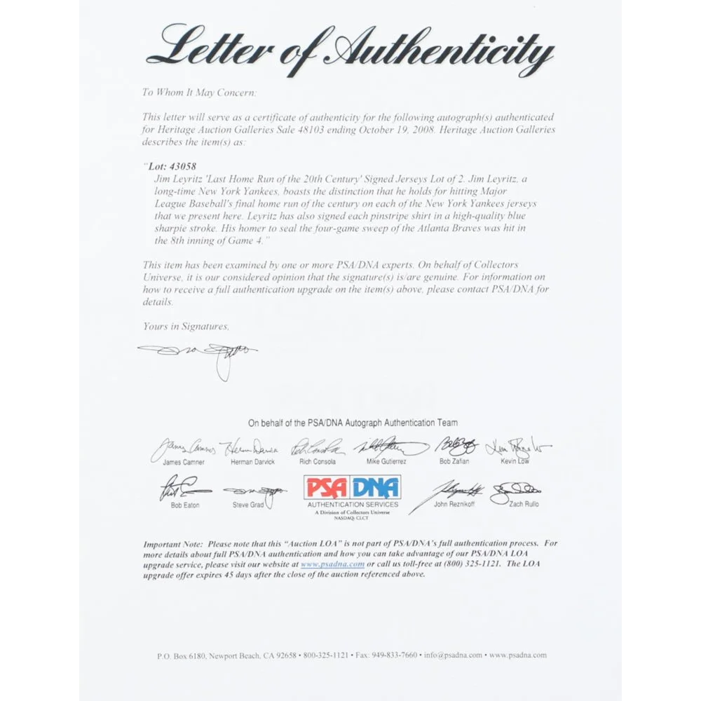 Jim Leyritz home run 20th century autographed jersey with PSA/DNA authenticity card