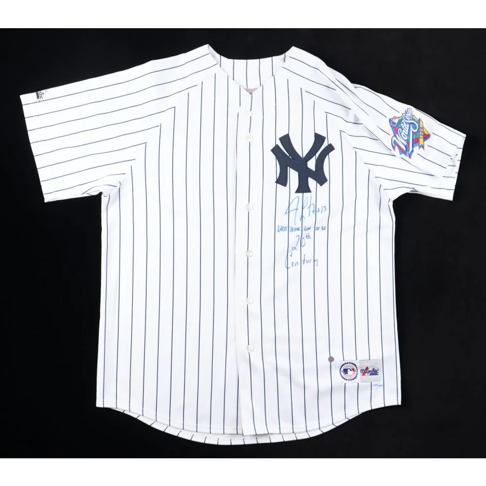 White pinstripe Jim Leyritz Yankees jersey with home run autograph and World Series patch