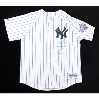 White pinstripe Jim Leyritz Yankees jersey with home run autograph and World Series patch
