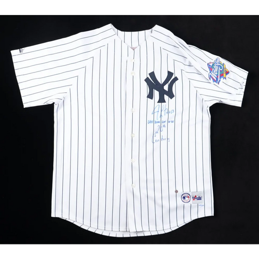 White pinstripe Jim Leyritz Yankees jersey with home run autograph and World Series patch
