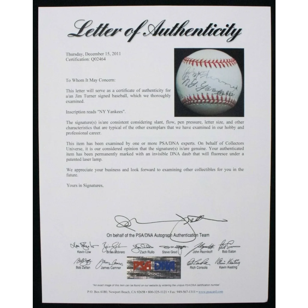Jim Turner signed OAL baseball with NY Yankees inscription and PSA LOA