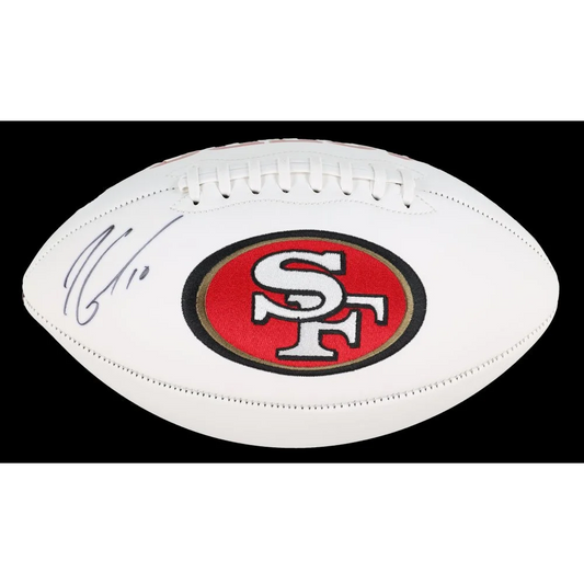 White football with signed 49ers logo and Jimmy Garoppolo autograph for collectors