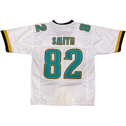 Jimmy Smith custom jersey with white base, teal gold accents, number 82 and Smith in green