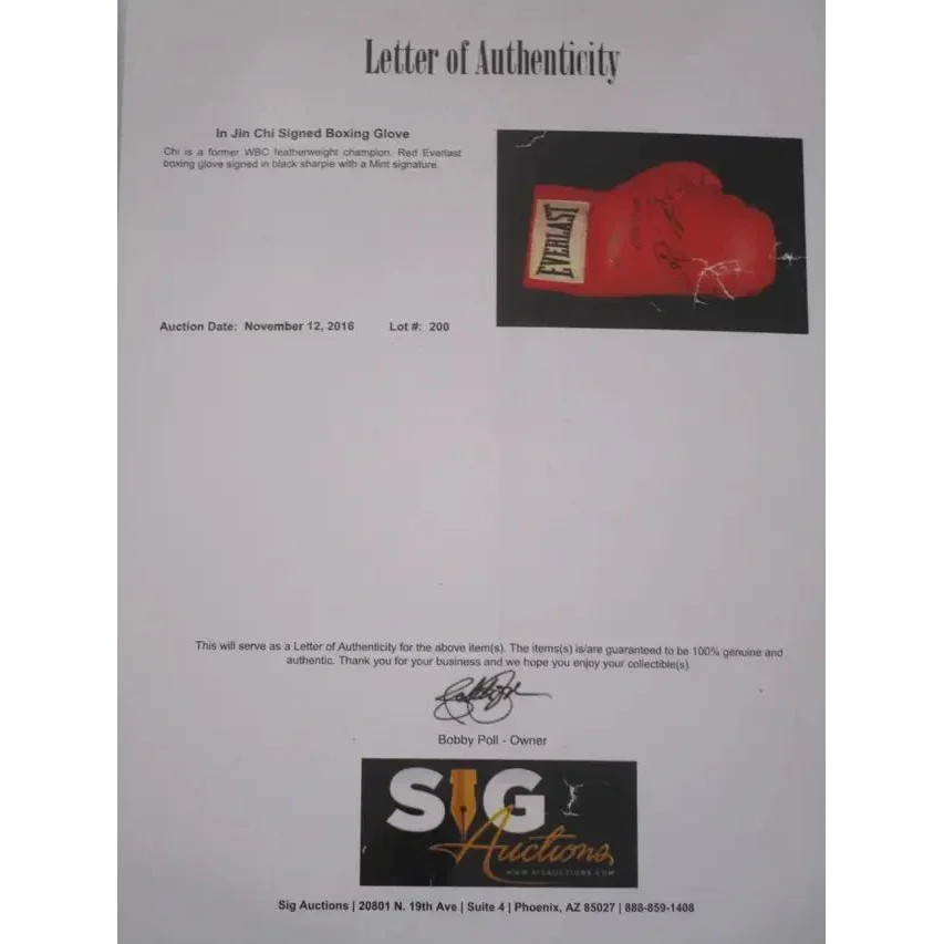 Letter of Authenticity for Jin Chi Signed Autographed Boxing Glove Red Everlast Collectible
