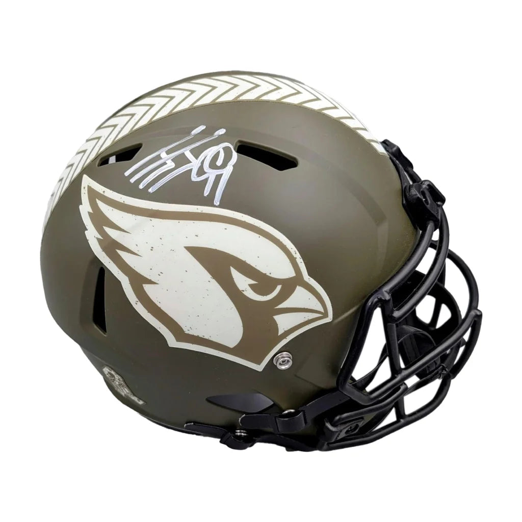 JJ Watt signed full size Salute to Service Cardinals helmet with olive green and white accents, braid design