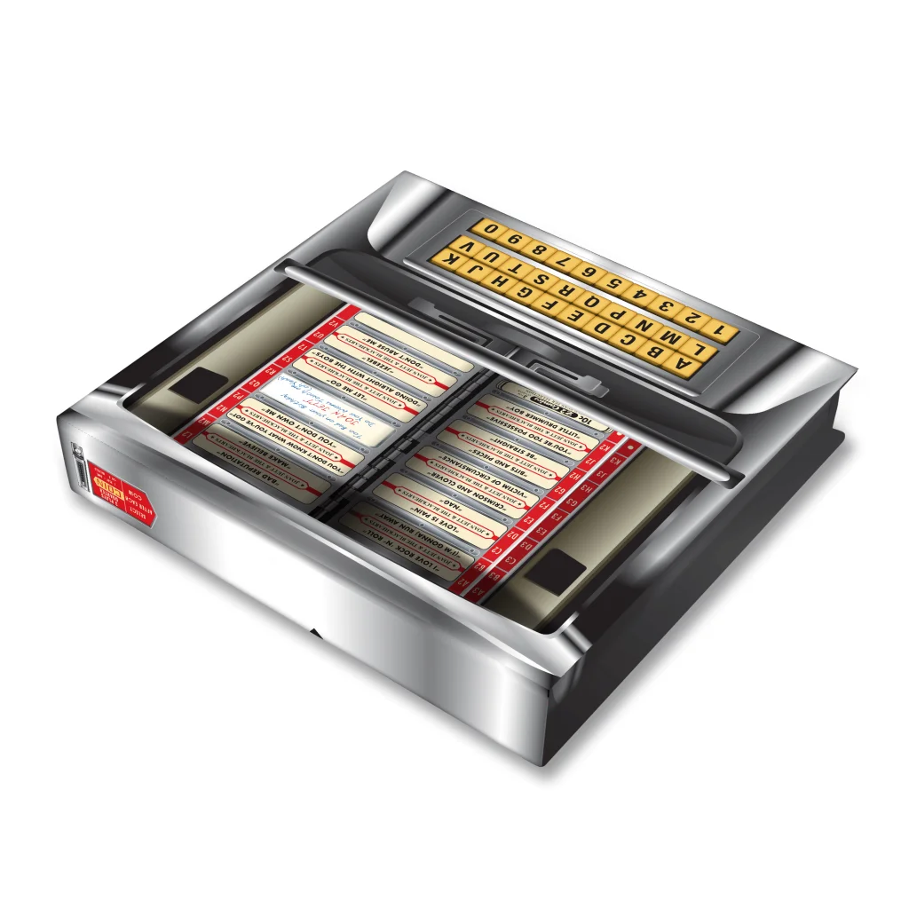 Chrome-plated Joan Jett Bad Reputation jukebox with song selections and keypad for rock n roll fans