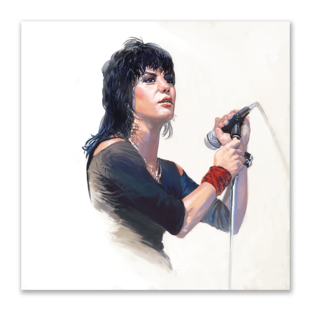Painting of a dark-haired woman singing into a microphone from Joan Jett Bad Reputation Deluxe Rock n Roll Edition