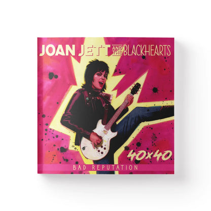 Vibrant pop-art style Joan Jett Bad Reputation album cover with guitar and explosion background