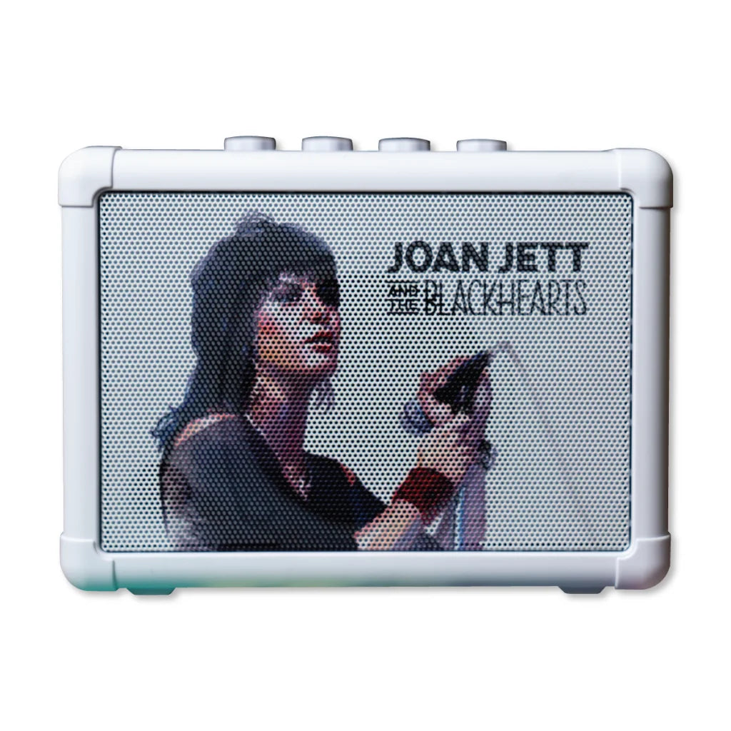 White mini guitar amplifier with Joan Jett speaker grille for cool mini guitar sound
