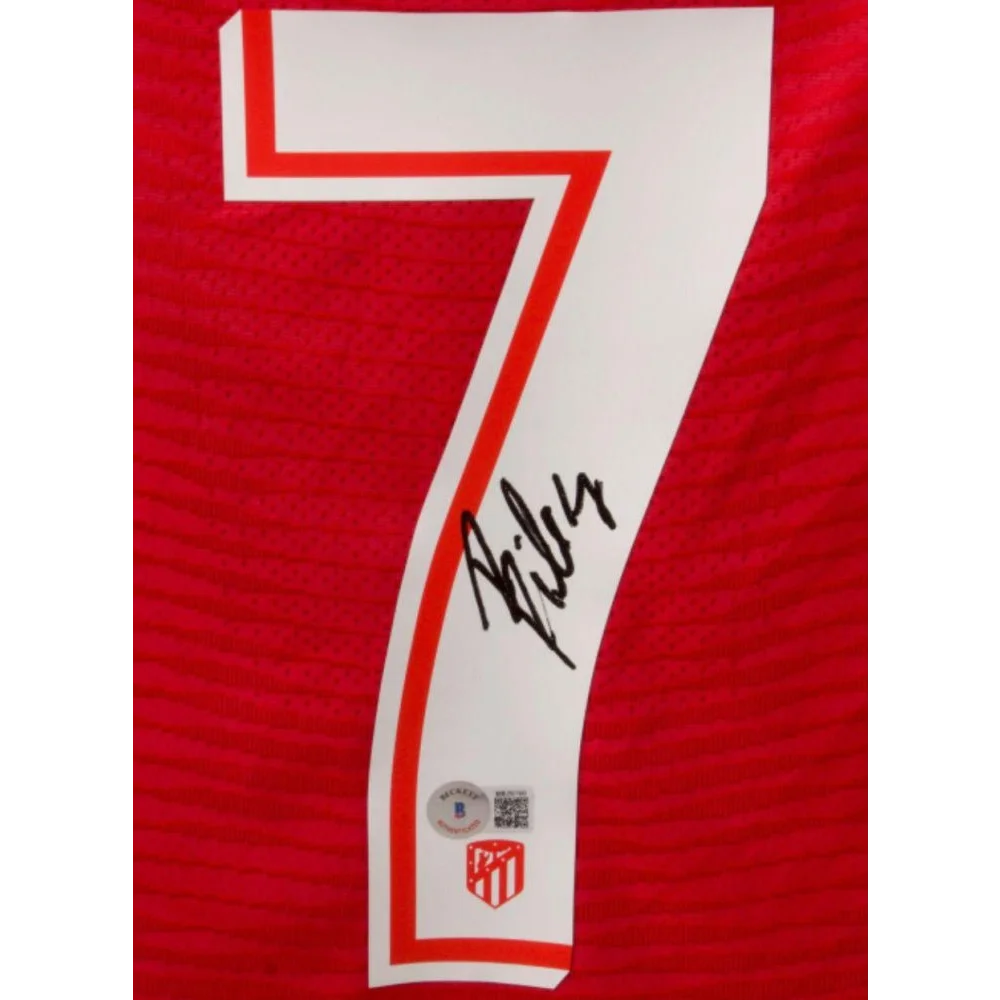 Red Atletico Madrid jersey with white number 7 and Joao Felix signed autograph