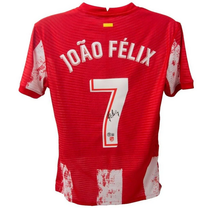 Red and white Atletico Madrid jersey with Joao Felix signed name and number 7