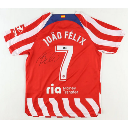 Red and white joao felix signed club Atletico Madrid jersey with number 7