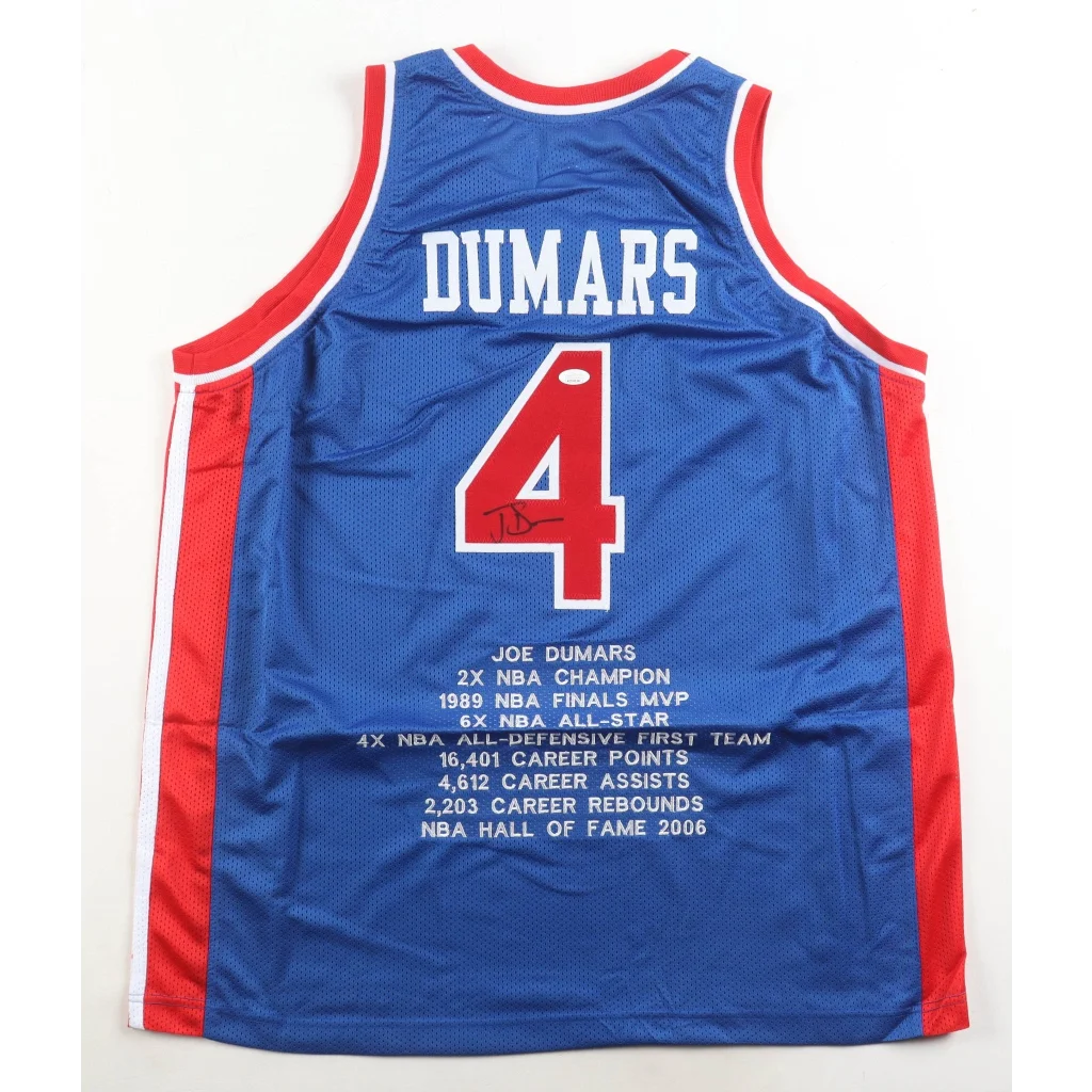 Joe Dumars signed Detroit Pistons jersey back Dumars 4 blue red mesh