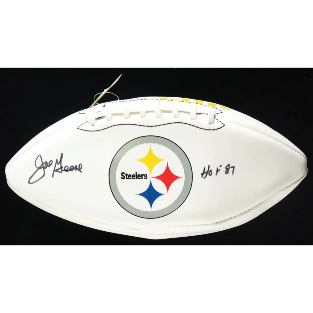 White Steelers logo football with Joe Greene autograph and Steelers logo collectible