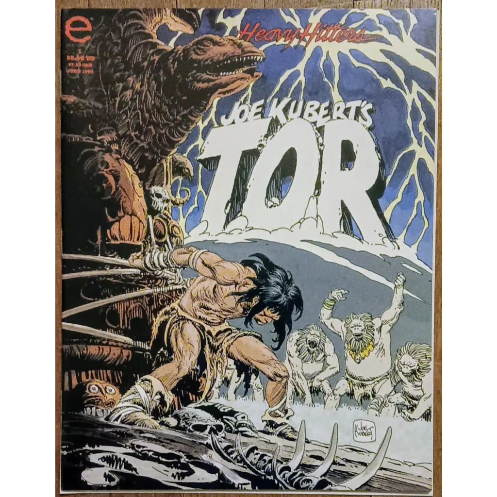 Joe Kuberts Tor comic cover: muscular warrior battles wolves and dinosaurs in snowy landscape